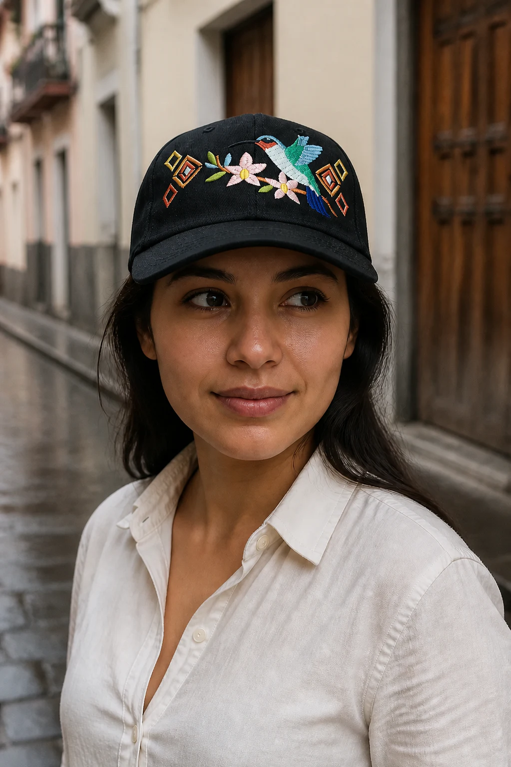 Visualización editorial de una modelo con gorra negra KILLAÉ bordada con colibrí y flores