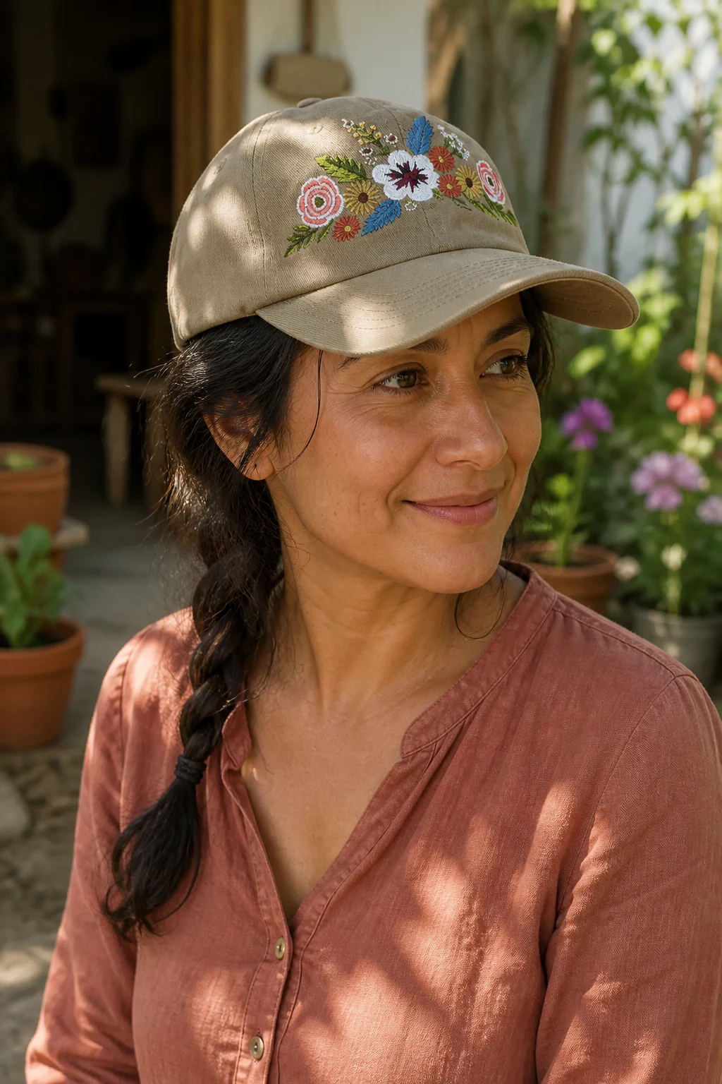 Visualización editorial de una modelo con gorra color tierra KILLAÉ bordada con flores