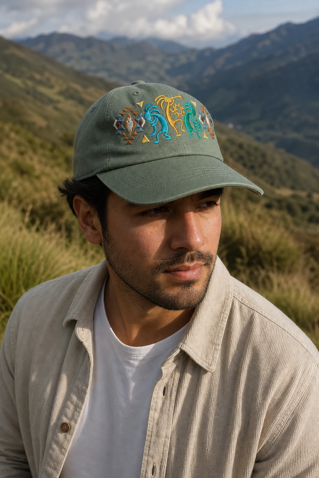 Visualización editorial de un modelo con gorra verde KILLAÉ bordada con figuras andinas